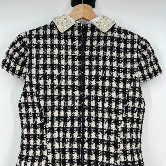 Alice + Olivia | Velia Tweed Mini Dress Black & Off White Crystal Pearl Collar 4 - Picture 12 of 16